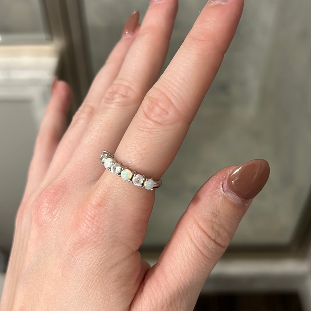 Synthetic opal and diamond silver band ring